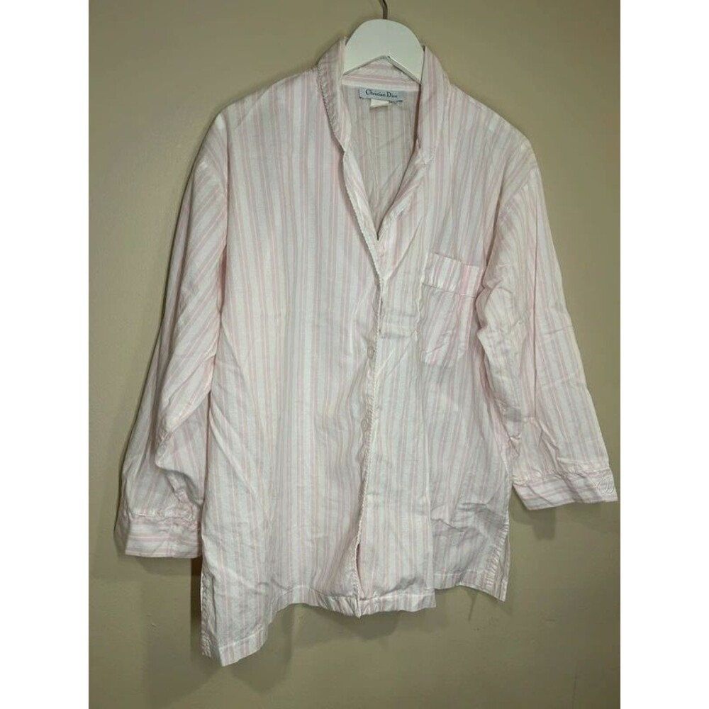 Vintage Christian Dior Women's LG Cotton Pink Striped Button Pajama Top